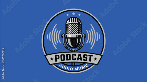 Retro Microphone Podcast Audio Music Emblem.