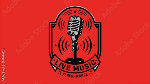 Retro Microphone Live Music Performance Emblem.