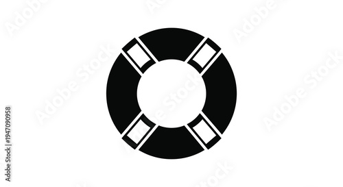 A striking black and white image depicts a circular life preserver design in a bold silhouette high quality