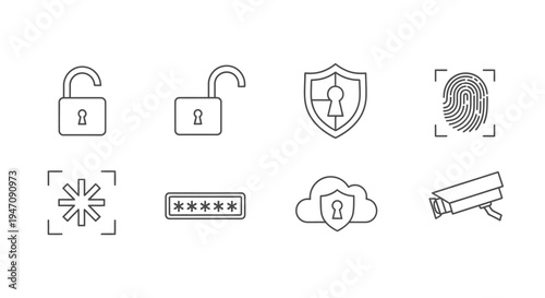 Cyber security and data protection line icons set