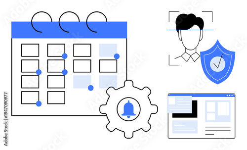 Task scheduling, cybersecurity, identity verification, alert management, online tools, and privacy protection. A calendar, a bell icon a shield a profile image and a webpage. Task scheduling