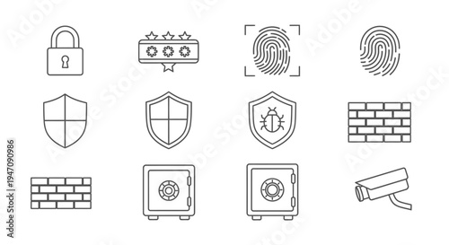 Cybersecurity and data protection outline icons set