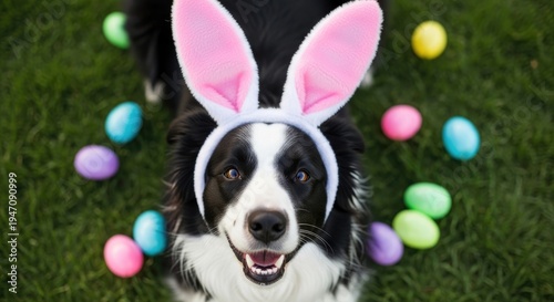 Black and white dog wearing bunny ears with colorful easter eggs on grass pink