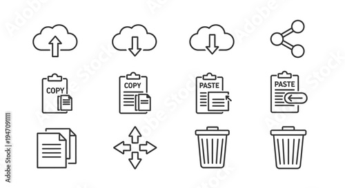 Digital line icons for cloud, copy, paste, delete, share actions