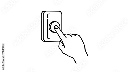 Minimalist line drawing of human finger pressing round doorbell button on rectangular mounting plate on white background.