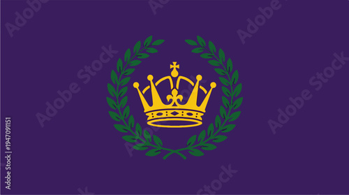 Royal Crown Emblem with Laurel Wreath on Purple Background.