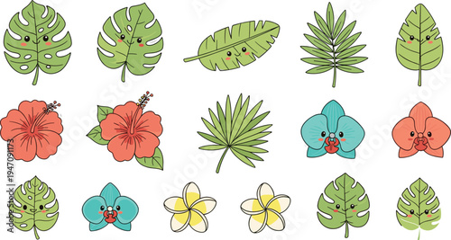 Cute Tropical Leaves and Flowers Cartoon Collection with Monstera, Palm, Hibiscus and Orchid Botanical Elements for Summer Decoration and Nature Theme Designs