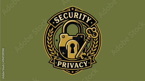 Security and Privacy Emblem with Padlock and Key.