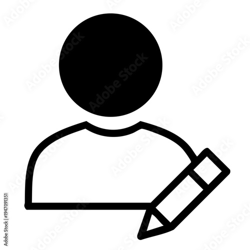 This is a simple black and white icon of a person holding a pencil. The icon is a minimalist representation of a human figure with a pencil, conveying the idea of creativity, writing
