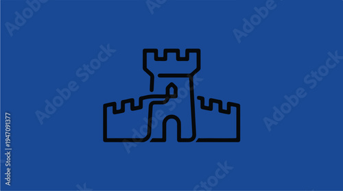 Simple Line Art Castle Icon on Blue Background 1.