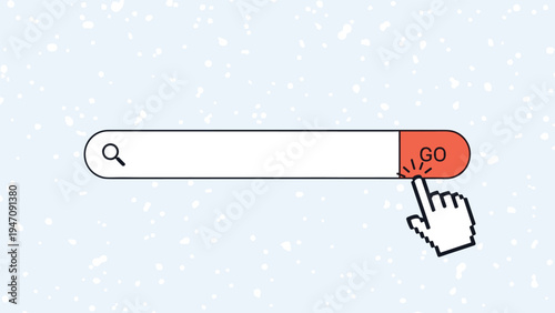 Internet search engine interface with white search bar and hand cursor clicking orange go button on snowy background.