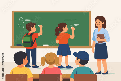 Elementary school students writing answers on a green chalkboard in a classroom while a smiling female teacher watches. Kids sitting at desks in a bright learning environment. Flat vector art.
