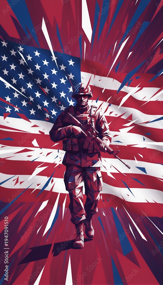Fototapeta premium Soldier holding rifle standing in front of American flag. Military veteran in uniform for Memorial Day and Independence Day. Patriotic graphic illustration of armed forces defender hero.