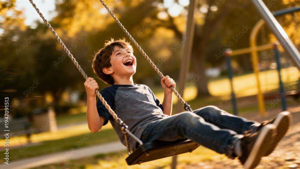 custom made wallpaper toronto digitalJoyful caucasian boy with messy brown hair laughing on swing at sunny city playground, blurred green trees and warm golden light in background, carefree childhood freedom atmosphere