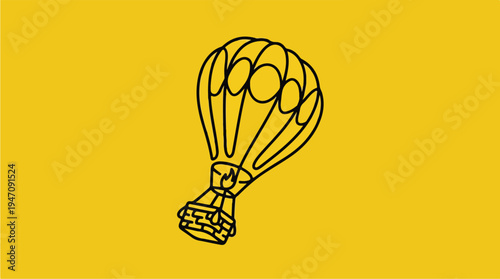Simple Line Art Hot Air Balloon Illustration on Yellow Background.