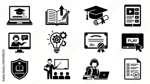 E-learning and education icons set on white background