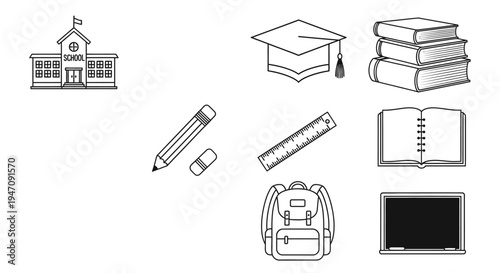 Education and school supplies line art icons collection
