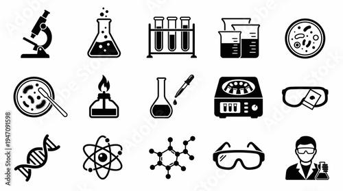 Essential science and laboratory equipment flat icons set