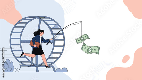 Businesswoman running in large hamster wheel while using fishing rod to chase floating dollar bills in corporate trap.