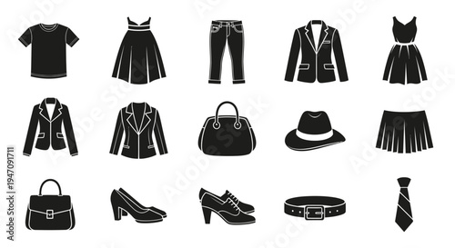 Fashion clothing and accessories icons set in flat style