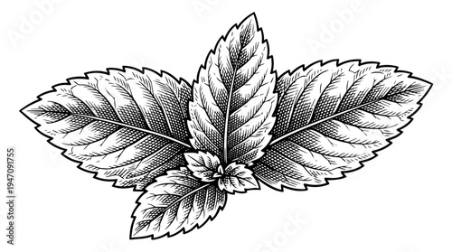 Mint leaf cluster vector engraving style on white isolated background for herbal tea packaging design