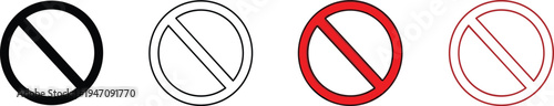 Set of black and red prohibition sign icons isolated on white background for no entry restricted area and stop symbols