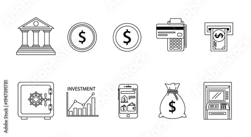 Financial and banking line icons set for money concepts