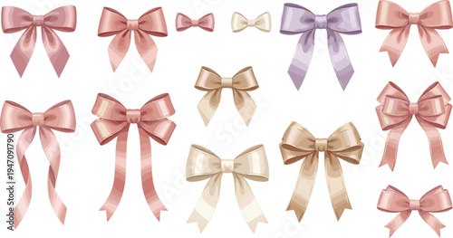 Elegant Decorative Ribbon Bow Collection with Satin Gift Bows, Romantic Wedding Decorations, Feminine Fashion Accessories, and Luxury Present Wrapping Elements Vector Set
