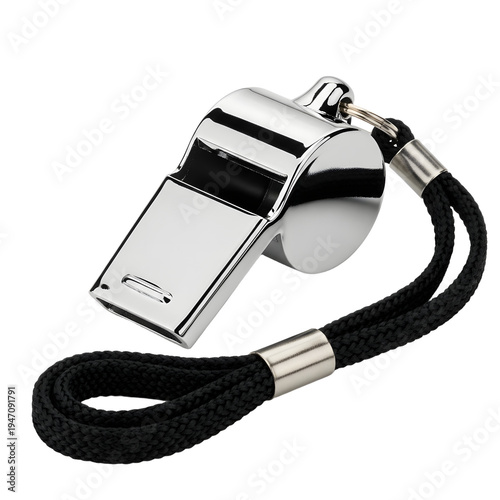 A shiny silver whistle with a black cord on a dark background 2026 world championship. Transparent background