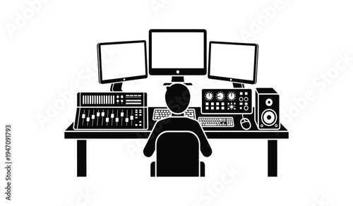A professional audio engineer working at a desk with multiple monitors and recording equipment