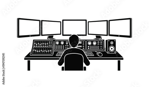 A silhouette icon of a professional sitting at a computer desk with multiple screens and console