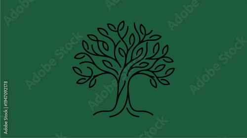 Stylized Line Art Tree with Leaves on Green Background.