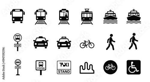 Flat black transportation and public service icons set
