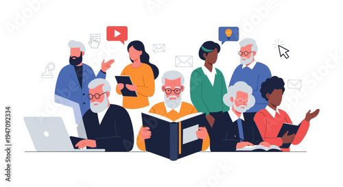 Adult Education and Lifelong Learning Concept: Diverse Group of Seniors Studying, Reading, and Using Digital Technology