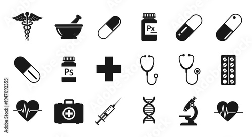 Flat design medical and healthcare icons collection on black background