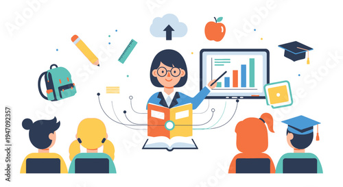 Teacher Presenting Data and Knowledge to Students. E-learning and Digital Education Concept Illustration.