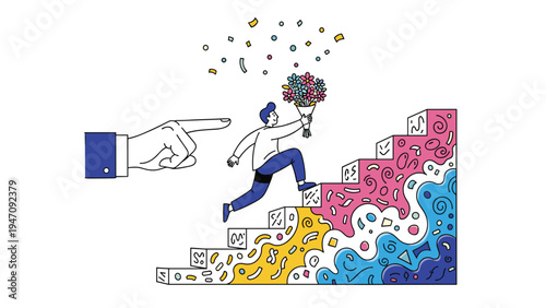 Young man wearing protective white surgical mask in front of urban city skyline with floating virus and germ icons.