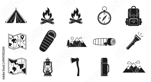 Flat design outdoor camping adventure equipment icons set