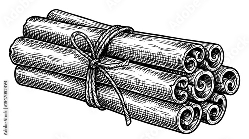Tied cinnamon stick bundle vector engraving style on white isolated background for spice packaging label design