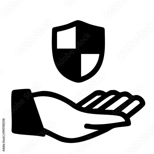 A stylized illustration of a hand offering a shield, symbolizing protection, safety, and security. The image features a simple, minimalist design with a black and white color scheme