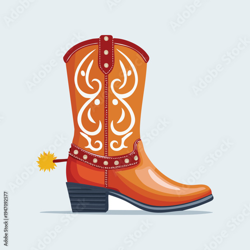 Vibrant cowboy boot illustration with ornamentation and spur isolated