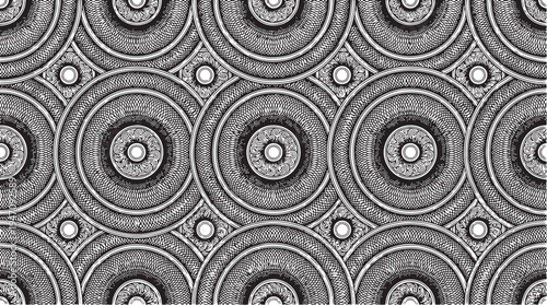 Circular medallion seamless pattern vector engraving style on white isolated background for decorative wallpaper design