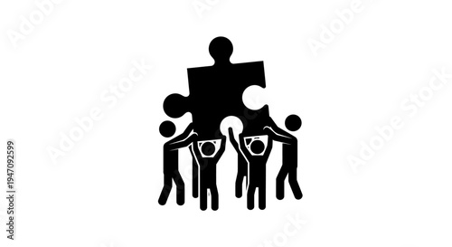 Group of people working together to lift puzzle piece