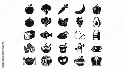 Healthy food and diet nutrition lifestyle icons set