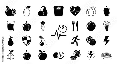 Healthy food, fitness and wellness flat vector icon set
