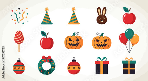 Festive holiday icons and decorations