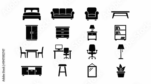 Home furniture and decor icons set in black silhouette style