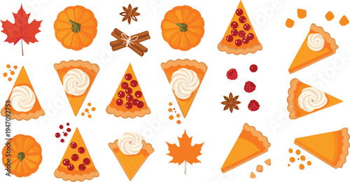 Pumpkin Pie and Autumn Dessert Collection with Fall Leaves, Pumpkins, Cinnamon Sticks and Sweet Holiday Pastries for Thanksgiving Food Design