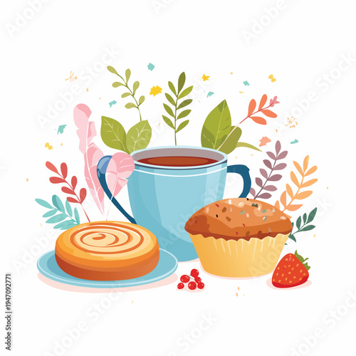 Breakfast still life cup of coffee pastries and fresh fruit on white