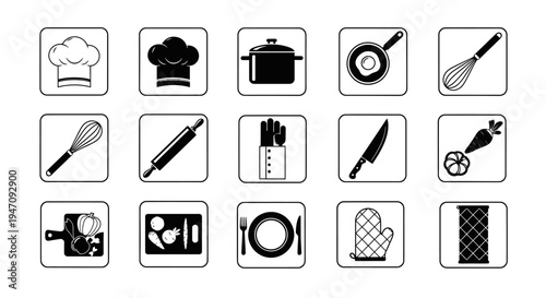 Kitchen cooking utensils and food preparation flat icons